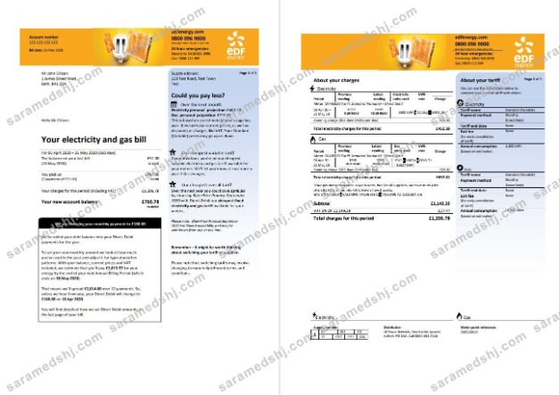 United Kingdom EDF utility bill template in Word and PDF format (3 pages) 1 2